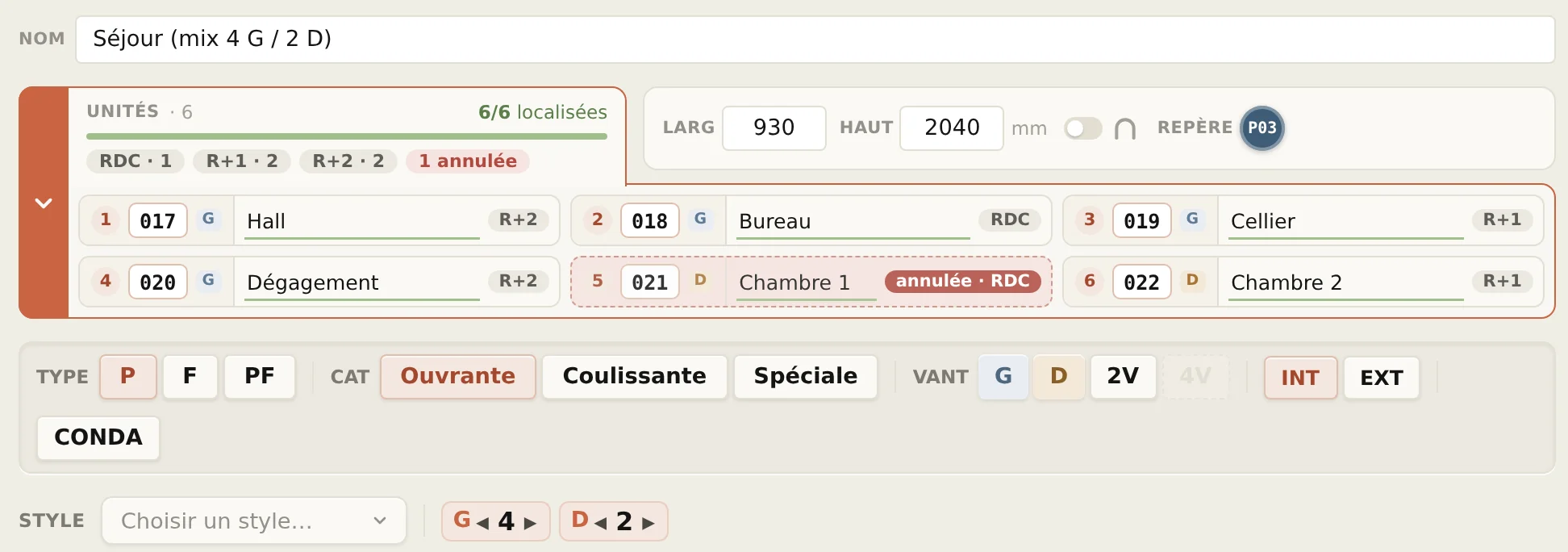 Fiche menuiserie : unités, dimensions, type, catégorie et sens