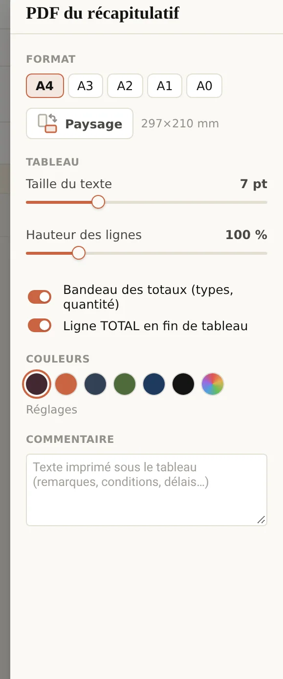 Réglages du PDF : format A4 à A0, orientation, taille du texte, couleurs, commentaire
