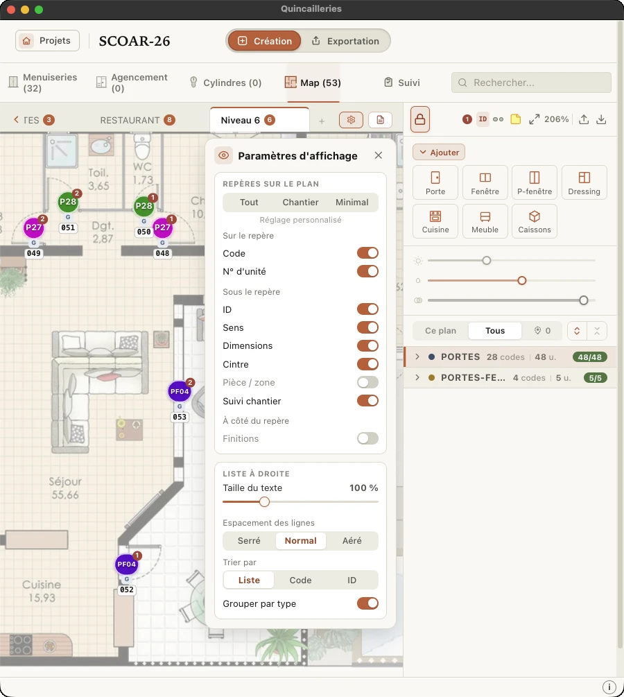 Paramètres d’affichage de la Map : Tout, Chantier, Minimal